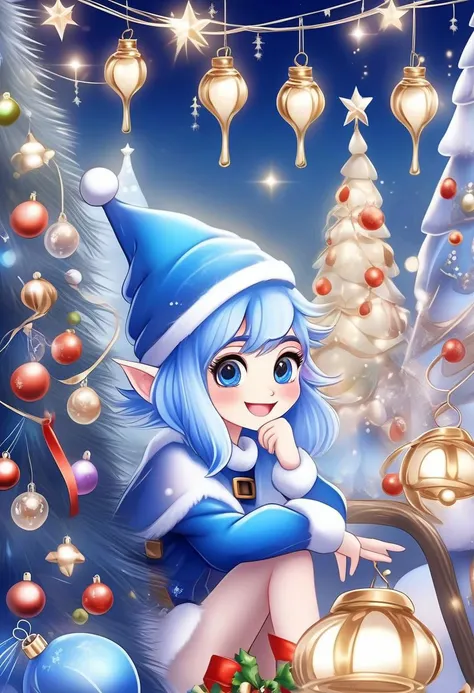 Christmas scene with a cute Blue Epoch Elves sitting among christmas decorations, smile, fluffy,  lights, holiday atmosphere, ultra-fine, digital painting