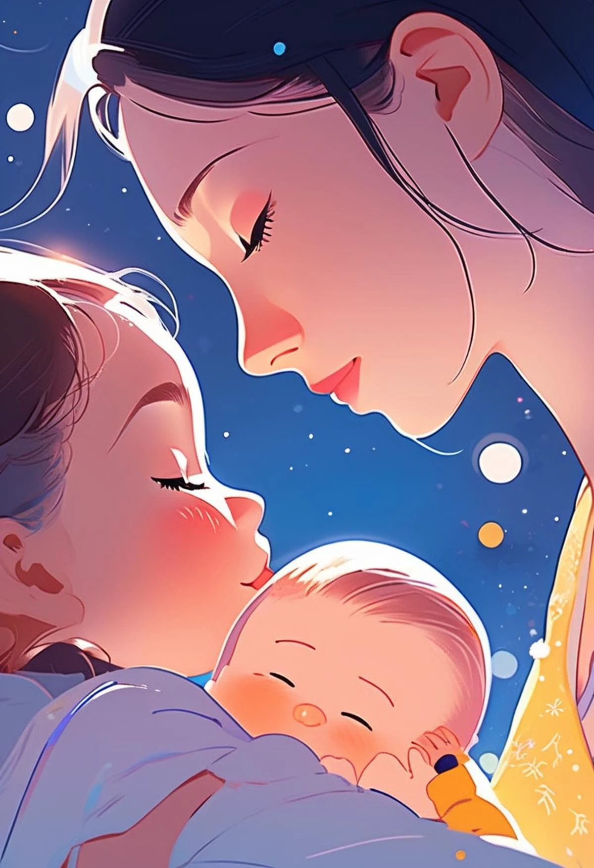 Close up of a mother cradling a , sleeping, art by Pascal Campion, art by Atey Ghailan, art by Joelle Jones style
