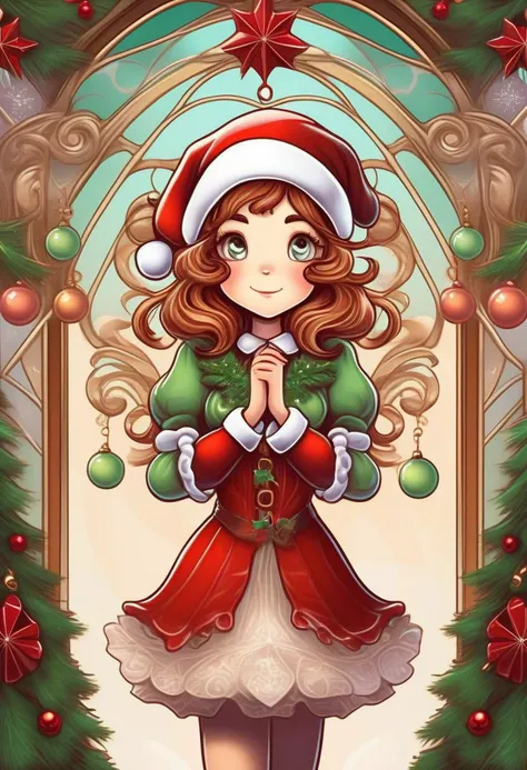 An adorable young woman dressed in christmas themed clothes, christmas accessories, art nouveau style, by dan mumford, by leonardo da vinci, dynamic light and shadow, digital art