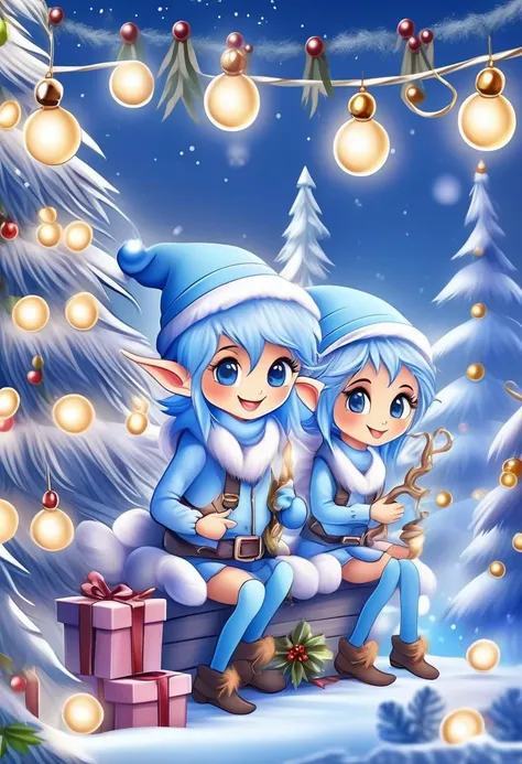Christmas scene with a cute Blue Epoch Elves sitting among christmas decorations, smile, fluffy, lights, holiday atmosphere, ultra-fine, digital painting