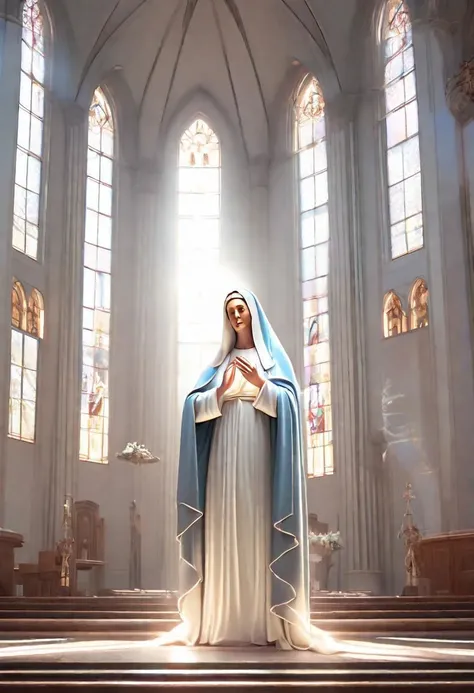 full body of virgin mary in a church with a holy light emanating from her body by wlop and greg rutkowski, in digital art illustration style. hyper detailed, smooth, sharp focus, trending on artstation, 4k