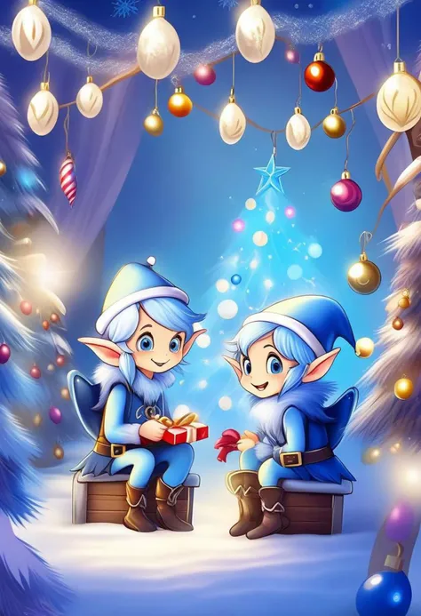 Christmas scene with a cute Blue Epoch Elves sitting among christmas decorations, smile, fluffy, lights, holiday atmosphere, ultra-fine, digital painting