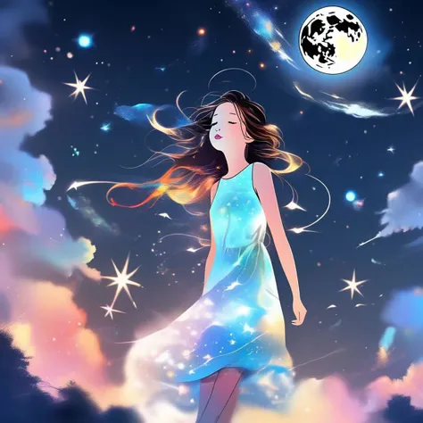 a portrait of a cute girl named fatifranco with a luminous dress, eyes shut, mouth closed, long hair, wind, sky, clouds, the moon, moonlight, stars, universe, fireflies, butterflies, lights, lens flares effects, swirly bokeh, brush effect, In style of Yoji Shinkawa, Jackson Pollock, wojtek fus, by Makoto Shinkai, concept art, celestial, amazing, astonishing, wonderful, beautiful, highly detailed, centered, facing camera, 8k, RAW photo, 8k uhd, dslr, soft lighting, high quality, film grain, Fujifilm XT3