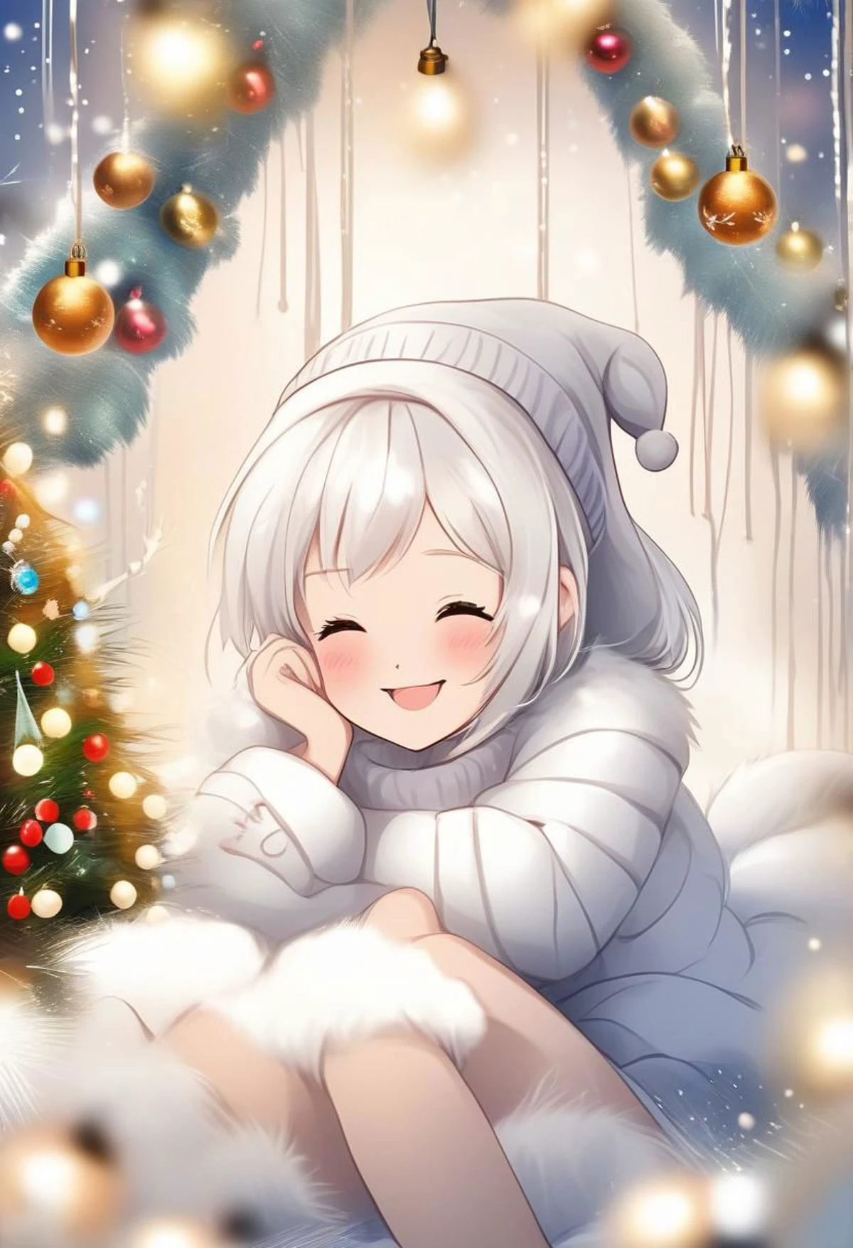 Christmas scene with a cute white 20 years old girl sitting among christmas decorations, smile, fluffy, lights, holiday atmosphere, ultra-fine, digital painting