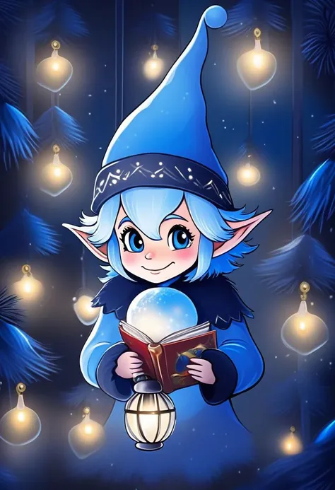 very dark night Christmas scene with a cute Blue Epoch Elf trying to find a faint light among shadows Christmas decorations, smile, fluffy,  shadows, only the face is lighted, holiday atmosphere, ultra-fine, digital painting