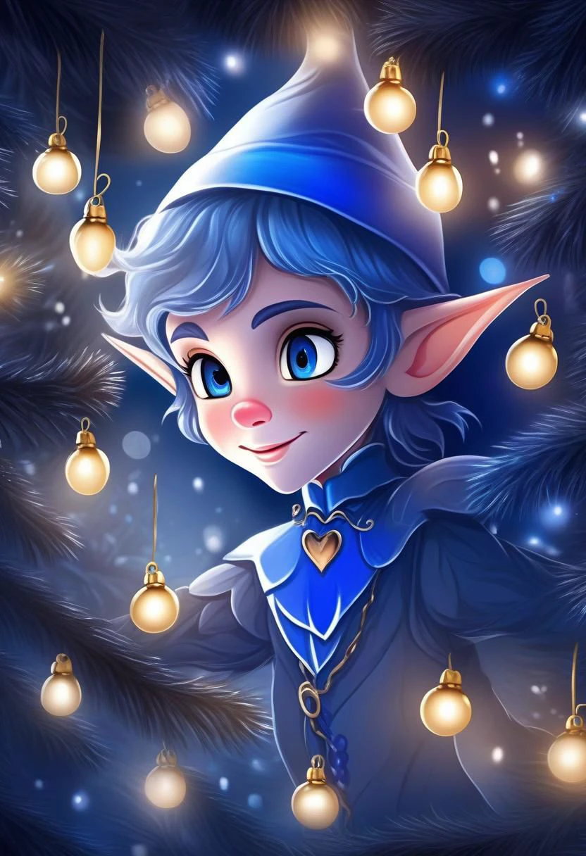 very dark night Christmas scene with a cute Blue Epoch Elf trying to find a faint light among shadows Christmas decorations, smile, fluffy, shadows, only the face is lighted, holiday atmosphere, ultra-fine, digital painting