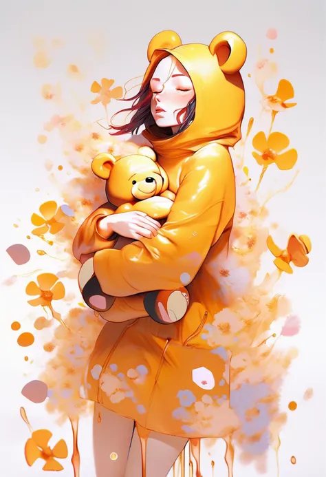 long shot, full body, woman with wet hair covered in honey, holding teddy bear winnie the poo, resting on the petals in the style of stefan kostic, art by Agnes Cecile, art by stanley lau, artgerm, wlop, caidychen, kuvshinov ilya