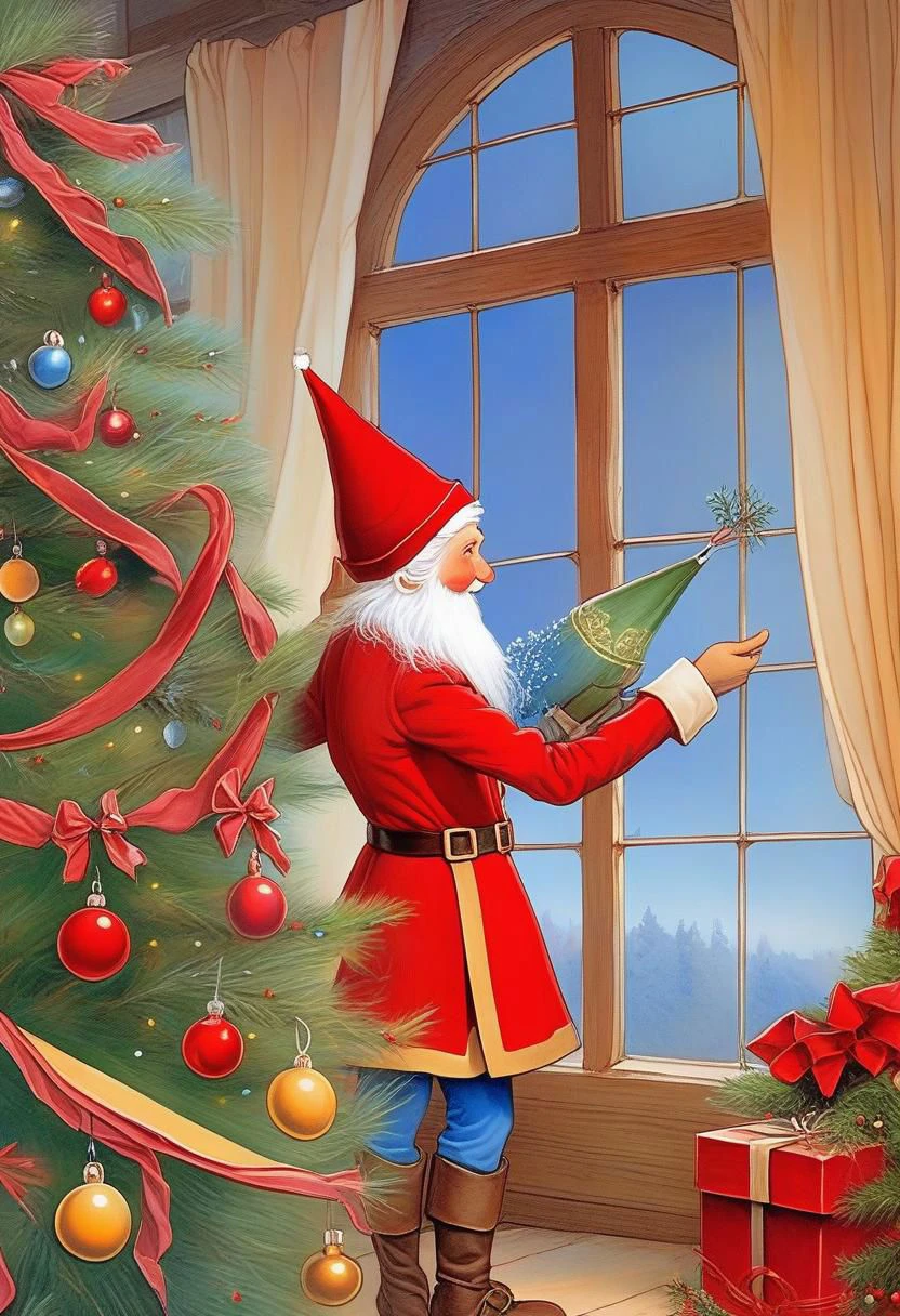 marvelous Epoch Elf painting the christmas tree red with red color out of a tin with a brush
xmas frame
art composition perfect layout design
happy together theme marvelous
border frame layer after layer giving the scene very much depth
in silk iridescent texture, Jean Baptiste Monge paint
finally garden Epoch Elf with a red hat and blue shirt
in a living room decorating christmas tree
with multicolors glass decoration and candles burning fire
pale colors watercolor and ink splatter, golden foil detail, art nouveau, ultradefinited detail, ultrasharp