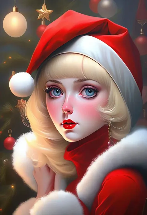 Contemplative Advent season, Christmas theme, Portrait girl wearing Santa Claus outfit, lingerie, fairytale, Santa Hat, Santa Coat, face expression inviting to make love, glamour, sexy pose.
Jasper Johns, Margaret Keane, Ray Caesar, Craig Davison, Mark Ryden, Fragonard.
Cinematic lighting, beautiful, rich deep colors, masterpiece.
Hires 32k best quality.
Dainty face, delicate