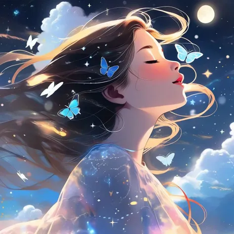 a portrait of a cute girl named fatifranco with a luminous dress, eyes shut, mouth closed, long hair, wind, sky, clouds, the moon, moonlight, stars, universe, fireflies, butterflies, lights, lens flares effects, swirly bokeh, brush effect, In style of Yoji Shinkawa, Jackson Pollock, wojtek fus, by Makoto Shinkai, concept art, celestial, amazing, astonishing, wonderful, beautiful, highly detailed, centered, facing camera, 8k, RAW photo, 8k uhd, dslr, soft lighting, high quality, film grain, Fujifilm XT3