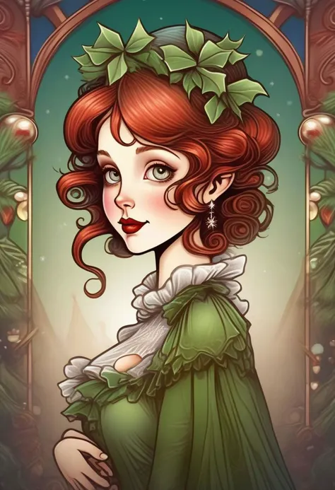 An adorable young woman dressed in christmas themed clothes, christmas accessories, art nouveau style, by dan mumford, by leonardo da vinci, dynamic light and shadow, digital art