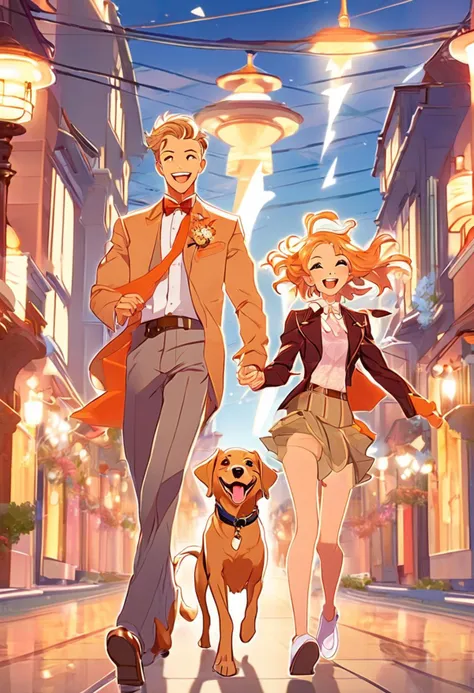 Anime Network,  Couple walking dog,  laughing,  art by J.C. Leyendecker,  Anime style,  key visual,  vibrant,  studio anime