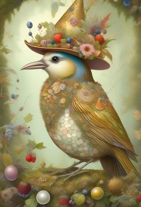 Whimsical and beautiful fantasy bird with party hats, encircling a feast of birdseed and berries, forest setting, art by James Christensen, magical forest, covered in botanicals and flowers, ornate, hyper detailed face and eyes, dripping paint, overgrown, abandoned, intricate, filigree, mother of pearl, 3D, fabulous, fantastical, gold leaf trim, magical, masterpiece painting, hyper detailed, captivating, enchanting, intense, scattered light, composed using the golden ratio, award winning, perfect composition, ultra hd, 8K, realistic, highly detailed, lighting by Vladimir Volegov and Steve Hanks