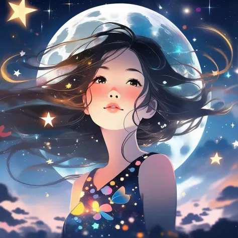 a portrait of a cute girl named fatifranco with a luminous dress, eyes shut, mouth closed, long hair, wind, sky, clouds, the moon, moonlight, stars, universe, fireflies, butterflies, lights, lens flares effects, swirly bokeh, brush effect, In style of Yoji Shinkawa, Jackson Pollock, wojtek fus, by Makoto Shinkai, concept art, celestial, amazing, astonishing, wonderful, beautiful, highly detailed, centered, facing camera, 8k, RAW photo, 8k uhd, dslr, soft lighting, high quality, film grain, Fujifilm XT3