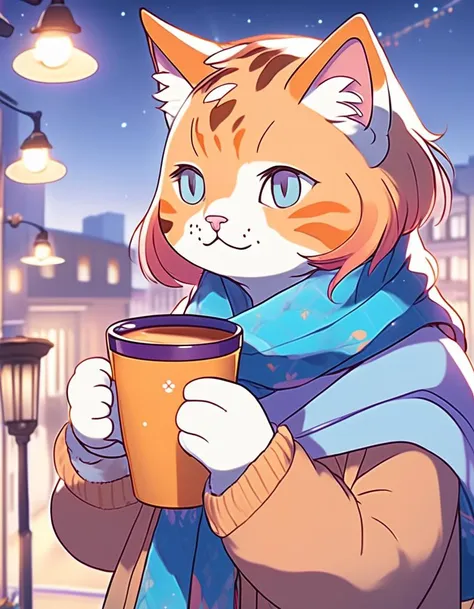 Cat in a scarf holds a coffee mug,  in the style of realistic usage of light and color,  anime aesthetic,  paul bonner,  cute and colorful,  light orange and blue,  in the style of soft-focused realism,  poolcore,  anime aesthetic,  violet and amber,  nostalgic