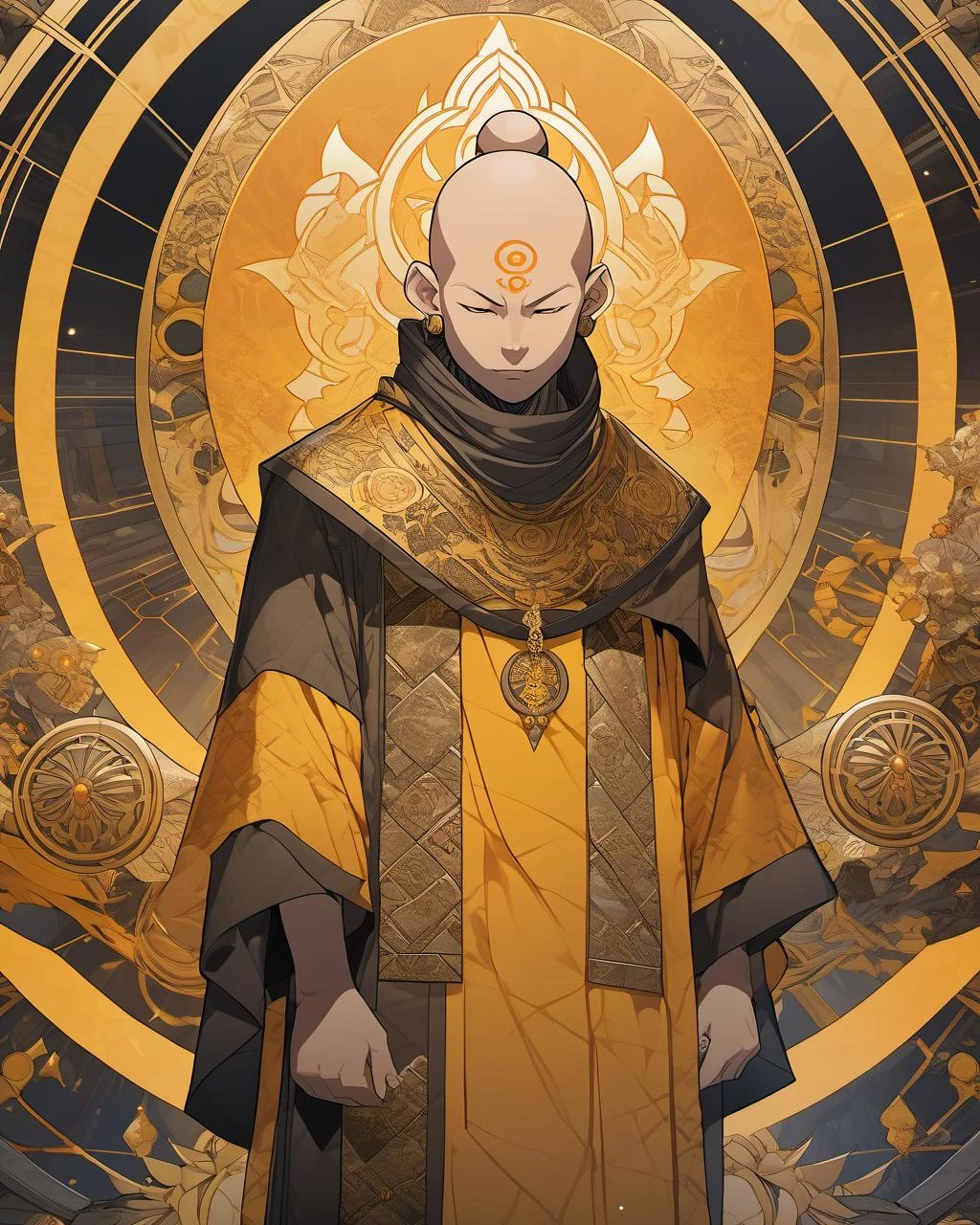 elaborate portrait of a monk by Laurey Greasley and Takeshi Obata, desire to achieve enlightenment, nirvana, yellow, orange, cyberpunk, detailed, realistic, 8k uhd, high quality