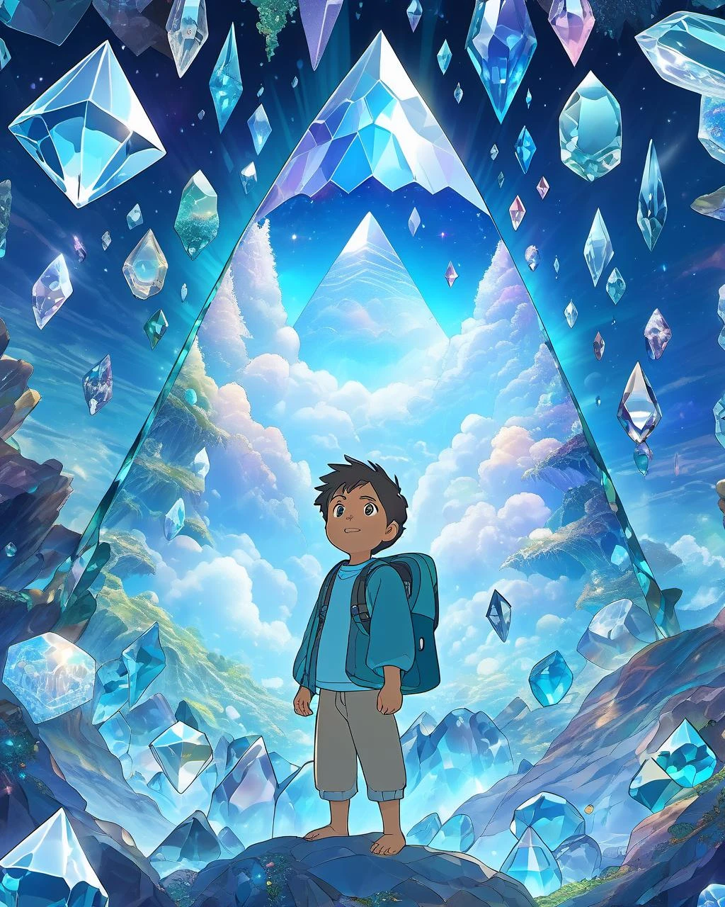 (masterpiece:1.1), (highest quality:1.1), (HDR:1.0), reflections, aboriginal art, (detailed), (8k), (cinematic lighting), (sharp focus), (intricate),( studio Ghibli:1.3) bright light colours colorful, cinematic lighting, moon, night, cinematic lighting, fantasy background, dynamic angle, face focus, extremely detailed, (abstract background, zentangle, fractal art:1.3), (many colors, colorful:1.1), (crystals:1.3), dynamic pose, looking at viewer, (transparent glowing cute male looking through refracted crystal facets :1.1) spirit cave, bright beautiful clouds, ethereal , (sparkling giant teal and tan quartz crystal points, clusters:1.1), (highly detailed deep sparkling happy eyes:1.0) , detailed, realistic, 8k uhd, high quality