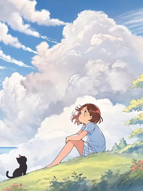 little girl sitting on the hill looking at sky, with her hair blowing in clear day, with cat, (blue sky:1.25), sideway glance, young girl, cloud, endless sea, noon, summer, floating hair, cumulus clouds, forest, tree, face focus, cute