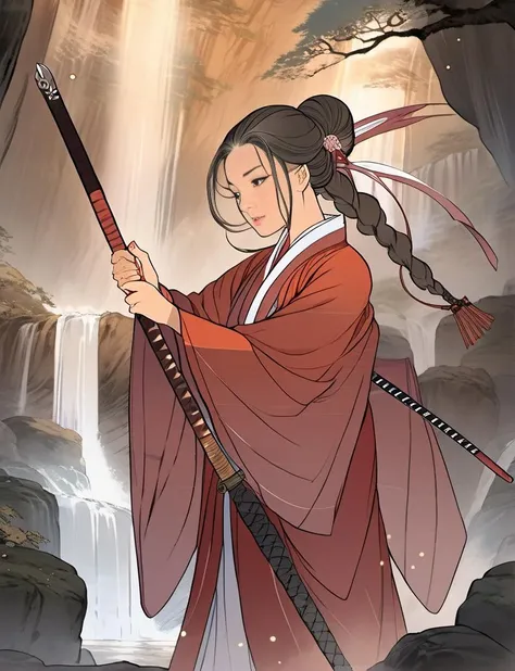 (masterpiece,best quality:1.5), asian woman wearing hanfu and holding a sword, light on face, mysterious, sword dancing waterfall