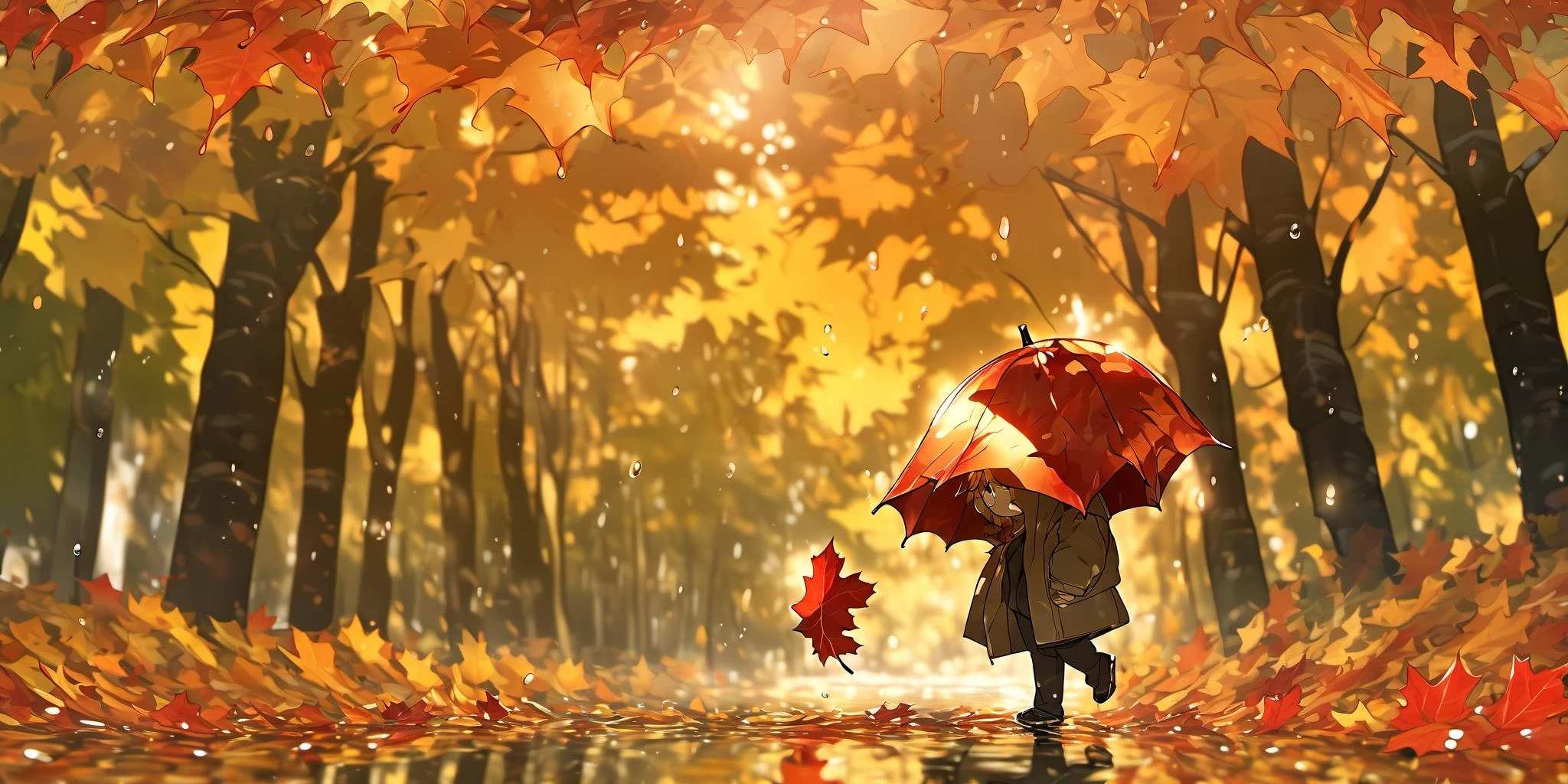 masterpiece,best quality,rain style,sunlight,light,puddle,beautiful lighting,blowing,reflection,autumn leaves,maple leaf,red particles,depth of field,forest,