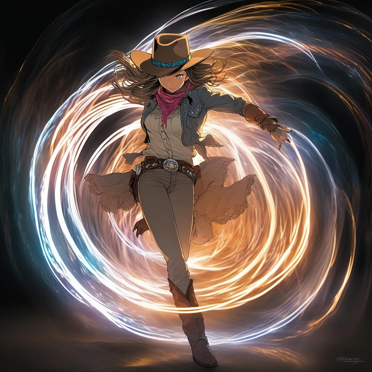 (masterpiece, best quality:1.4), light painting, (long exposure:1.2),dynamic streaks, luminous trails, vibrant colors, fluid movement, captivating patterns, creative experimentation,(1girl),(highest detailed),(cowboy shot:1.2),dynamic pose
