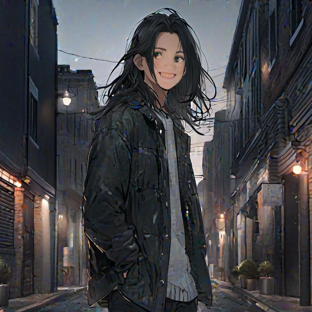 boy walking on street, long hair,black hair, trending fashion, masterpiece, realistic, best quality, 8k, look at viewer, detail eyes, detail face, (detail skin),(( pores: 1.3 )), (freckles:0.6), acne, smile, teeth