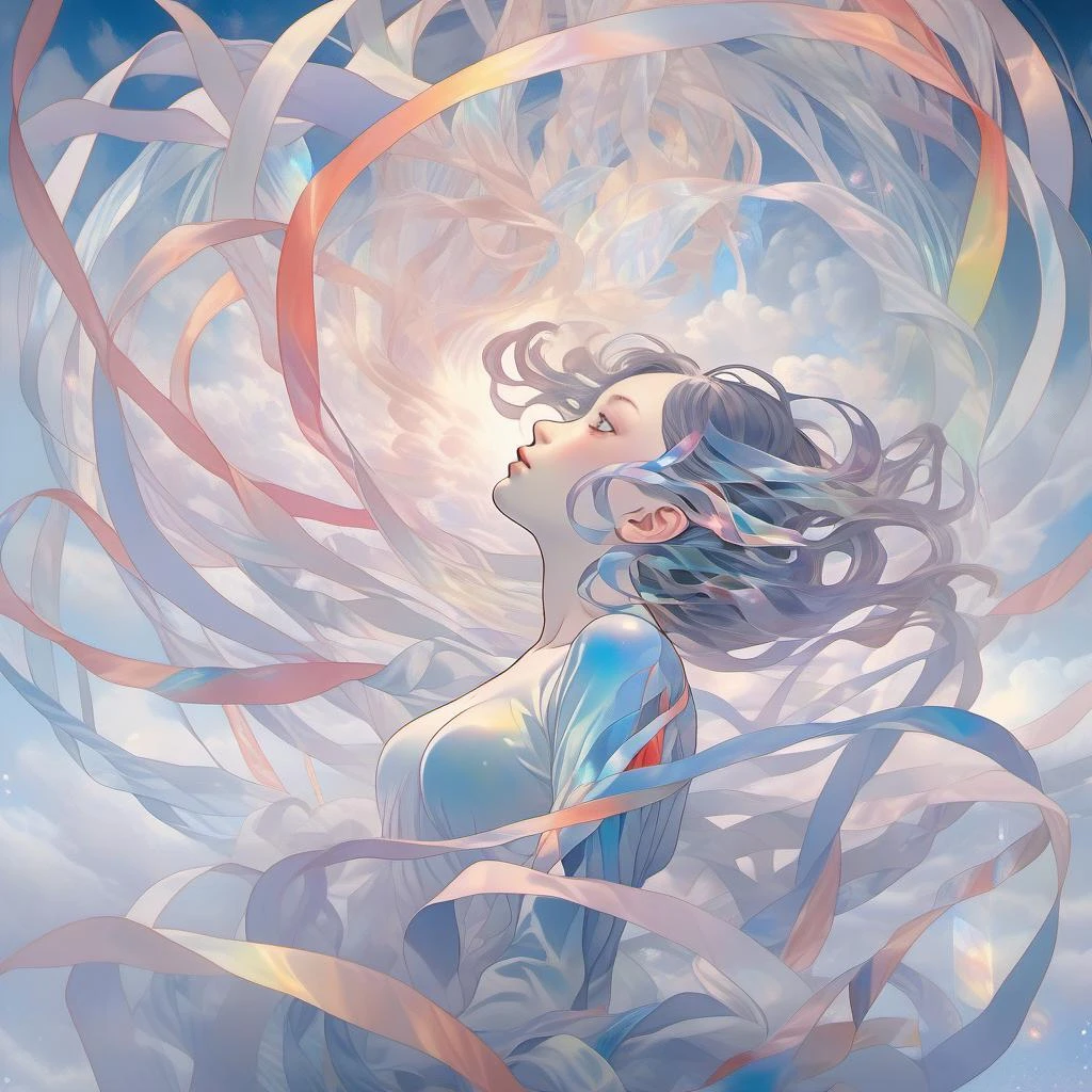 james jean, floating female figure made of ribbons, smoke, in the sky, colorful and vibrant, mystical colors, contemporary impressionism, yanjun cheng portrait painting, iridescent painting, 3/4 perspective view, cute face, low angle, sweeping circling composition, large beautiful crystal eyes, big irises, UHD, HDR, 8K, (Masterpiece:1. 5), (the most beautiful portrait in the world:1.5)