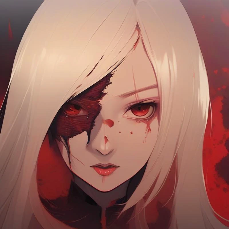 ((perfect feminine face)),beautiful girl,close-up,blood on face,blood from one eye,(half face ripped off:1.5),(half face shown as skull:1.6),