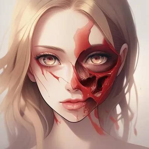 ((perfect feminine face)),beautiful girl,close-up,blood on face,blood from one eye,(half face ripped off:1.5),(half face shown as skull:1.6),