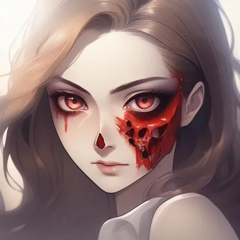 ((perfect feminine face)),beautiful girl,close-up,blood on face,blood from one eye,(half face ripped off:1.5),(half face shown as skull:1.6),