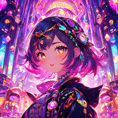 Cute maiden, pretty, neonpunk, kawaiicore, animecore, intricate cheerful background, vibrant, colorful, hyperdetailed, photorealistic, dynamic lighting, art inspired by pinterest art and midjourney