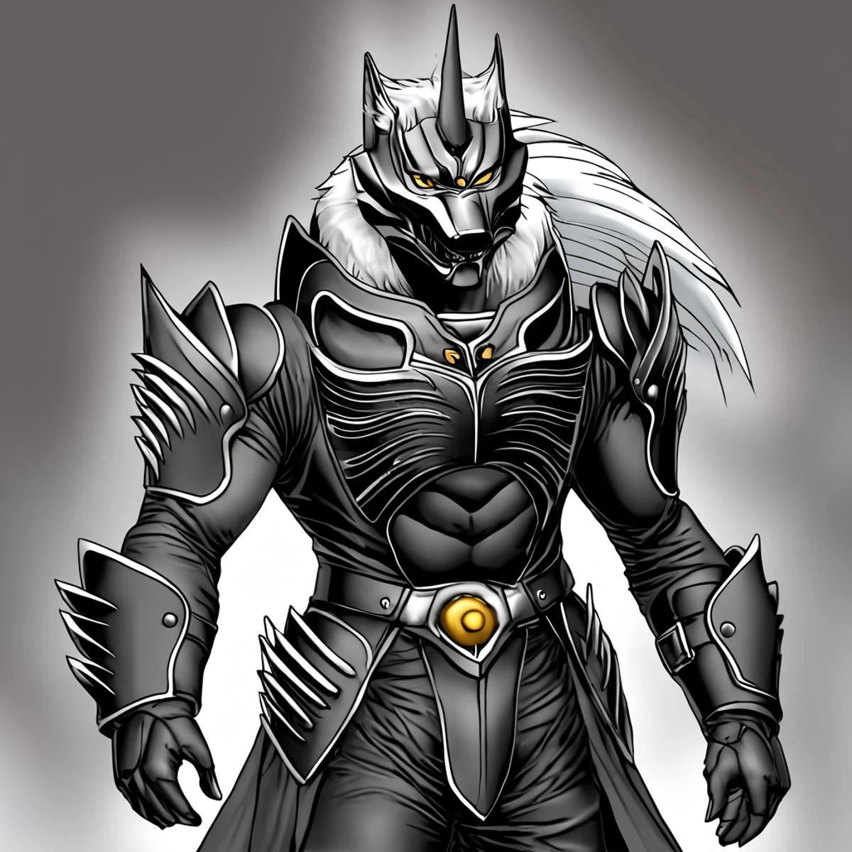 score_9, score_8_up, score_7_up, score_6_up, score_5_up, score_4_up,
dynamic action pose, male, handsome, powerful muscular body, (full body), (Totality Embodiment), breathtaking beauty, pure perfection, divine presence, unforgettable, impressive, chiaroscuro, night time,
black metal armor, grey wolf, grey body, grey skin, grey fur, villain, glowing yellow eyes, long white hair, wolf face helmet, wolf face mask, single horn on forehead, powerful muscular warrior like body, opened armored leather long jacket, thick arms, thick legs, wide thick chest, large pecs, abs, dashing, evil, villain, supervillain, detailed background, intimidating presence, on a space station,
<lora:Zen_Aku_Power_Rangers_Wild_Force_AD_SDXL:0.85>