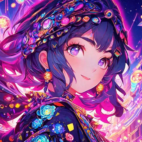 Cute maiden, pretty, neonpunk, kawaiicore, animecore, intricate cheerful background, vibrant, colorful, hyperdetailed, photorealistic, dynamic lighting, art inspired by pinterest art and midjourney