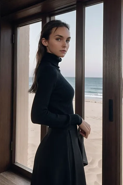 photo of R4ch3lC00k_HM-135, a woman, perfect hair, (modern photo), wearing turtleneck sweater and maxi skirt, 50mm short telephoto (analog, cinematic, film grain:1.3), Glass Desert, Desert planet with smooth, mirror-like surface due to extreme heat., detailed eyes, professional pose, (epiCPhoto), (looking at viewer:1.1), (cinematic shot:1.3), (Rembrandt style lighting), OverallDetail