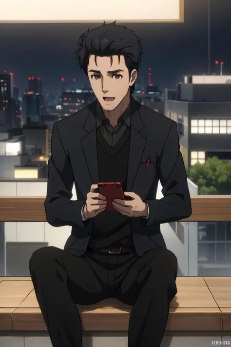<lora:steinsgate_okabe-10:1> okabe rintaro, black blazer, sweater vest, black pants
masterpiece, best quality, absurdres, night, city, sitting, looking at phone, red phone, happy