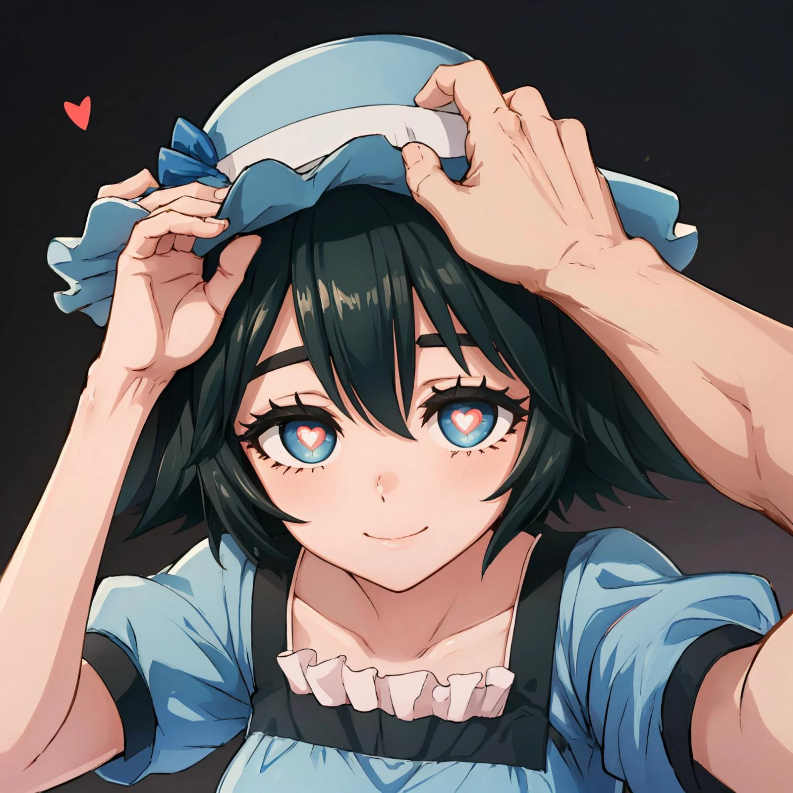 masterpiece, high quality, highres,
<lora:steinsgate_shiina-08:1>shiina mayuri, hat, light blue hat, breasts, large perky breasts, happy girl, solo, blue dress, short sleeves,
<lora:heart_eyes_v1.0:.7> heart-shaped_pupils
<lora:HeadpatPOVV2:1>IncrsHeadpatPOV, headpat, pov