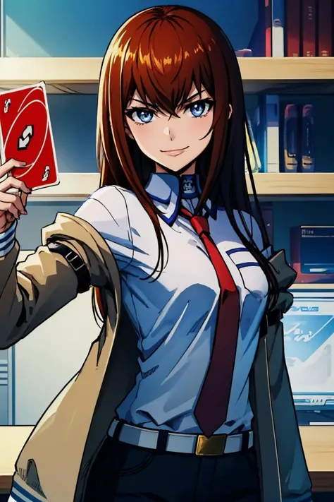 (masterpiece, best quality:1.2), upper body, solo, 1girl, makise kurisu, smug, smirk, looking at viewer, IncrRvrsCard, holding, card, playing card, holding card, arrow \(symbol\), jacket, off shoulder, collared shirt, red necktie <lora:steinsgate_makise:0.9> <lora:UnoReverseCard:1.1>