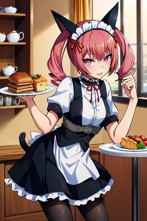 <lora:steinsgate_nyannyan-12:1> faris nyannyan, cat ears, maid headdress, maid, pantyhose
masterpiece, best quality, absurdres, cafe, holding plate of food, wink, looking at viewer