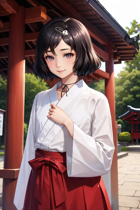 <lora:steinsgate_urushibara-11:1> urushibara ruka, hairclip, skull hair ornament, miko, japanese clothes, red hakama skirt
masterpiece, best quality, absurdres, shinto shrine, looking at viewer, upper body, smile