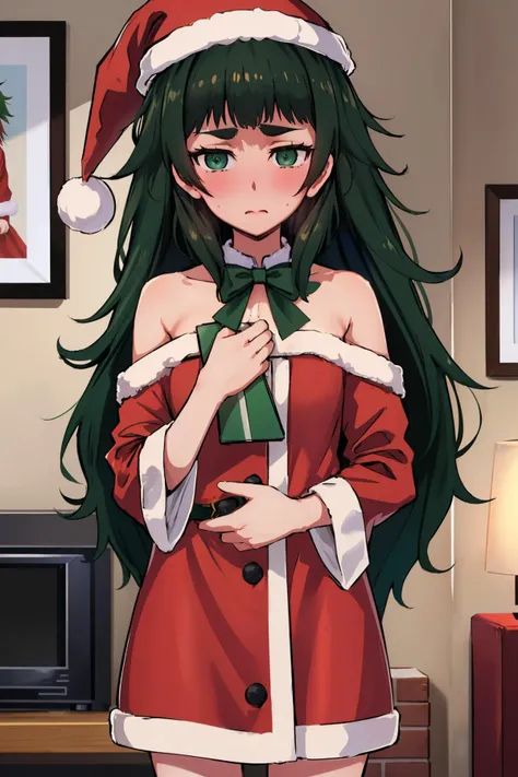 <lora:steinsgate_hiyajo-07:1> hiyajo maho, green hair, red dress, ((santa dress)), santa hat
masterpiece, best quality, absurdres, living room, blush, embarrassed, looking at viewer