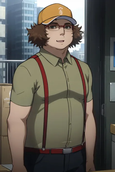 <lora:steinsgate_hashida-11:1> hashida itaru, glasses, green dress shirt, ((red suspenders)), brown pants
masterpiece, best quality, absurdres, happy, looking at viewer, outdoors, city, upper body