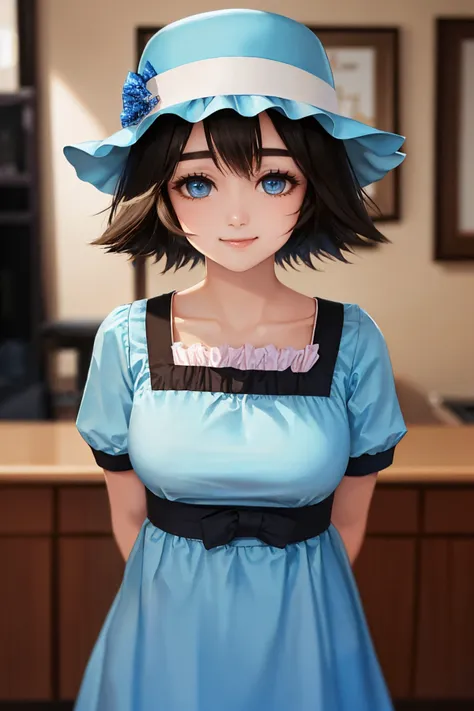 (masterpiece, best quality:1.2), solo, 1girl, shiina mayuri, smile, looking at viewer, arms behind back, hat, blue dress, short sleeves <lora:steinsgate_shiina:1.0>