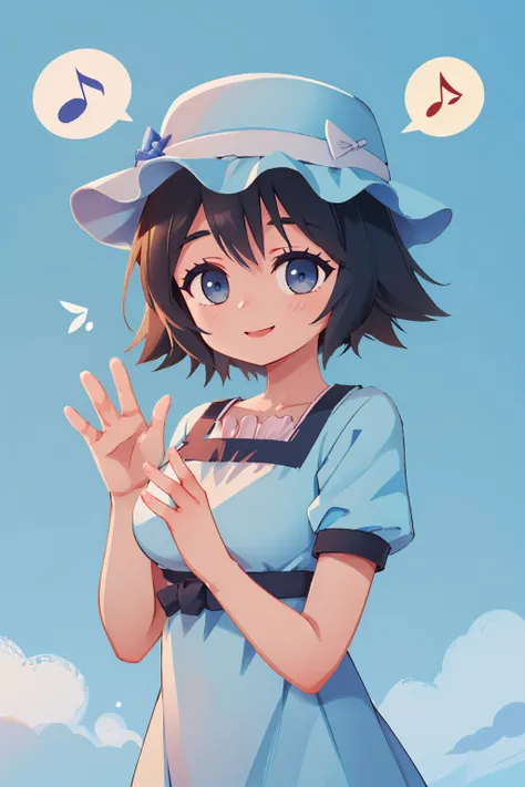 (masterpiece, best quality:1.2), solo, 1girl, shiina mayuri, spoken musical note, smile, looking at viewer, waving, hat, blue dress, short sleeves <lora:steinsgate_shiina:1.0>