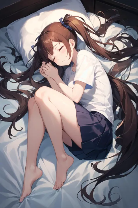1girl, casual clothes, t-shirt, pleated skirt, twintails, long hair, short sleeves, fetal position, on side, from above, expressionless, bare legs, barefoot, bed sheet, solo, closed eyes, closed mouth