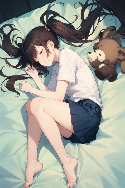 1girl, casual clothes, t-shirt, pleated skirt, twintails, long hair, short sleeves, fetal position, on side, from above, expressionless, bare legs, barefoot, bed sheet, solo, sleeping