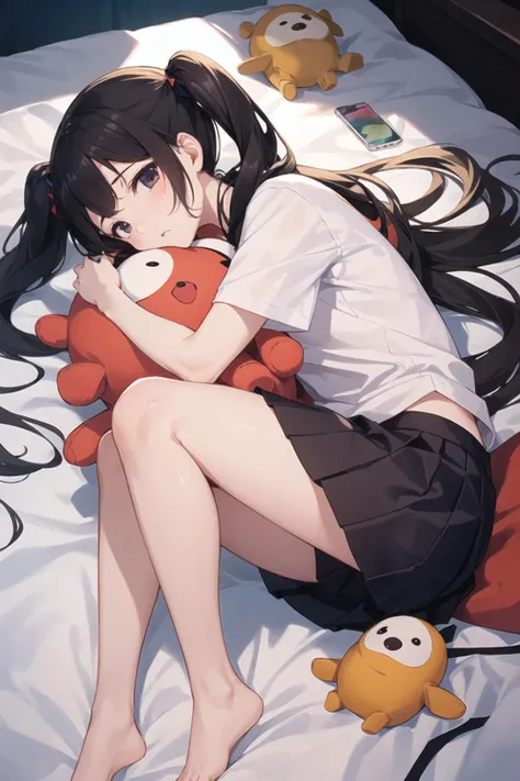 1girl, casual clothes, t-shirt, pleated skirt, twintails, long hair, short sleeves, fetal position, on side, from above, expressionless, hugging object, stuffed animal, bare legs, barefoot, bed sheet