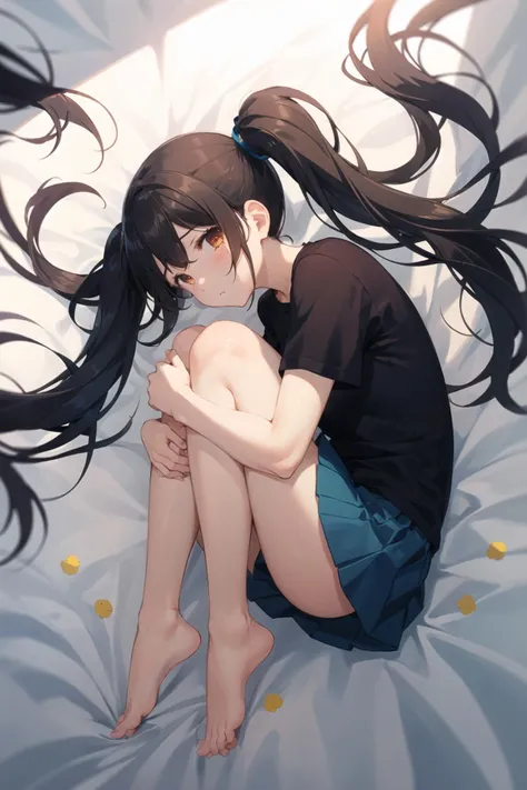 1girl, casual clothes, t-shirt, pleated skirt, twintails, long hair, short sleeves, fetal position, on side, from above, sad, bare legs, barefoot, bed sheet, solo, hugging own legs,