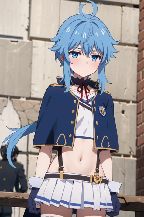 best quality, (masterpiece:1.2), detailed, medieval,
<lora:chara_Rokuaka_ReLRayford_v1:0.8>, Re=L Rayford,
1girl, solo, closed mouth, 
short hair with long locks, blue hair, ponytail, blue eyes, red ribbon, sidelocks, ahoge,
school uniform, suspenders, blue capelet, white shirt, blue choker, choker, miniskirt, white skirt, navel, gloves,
standing, looking at the viewer,
oudoors, castle