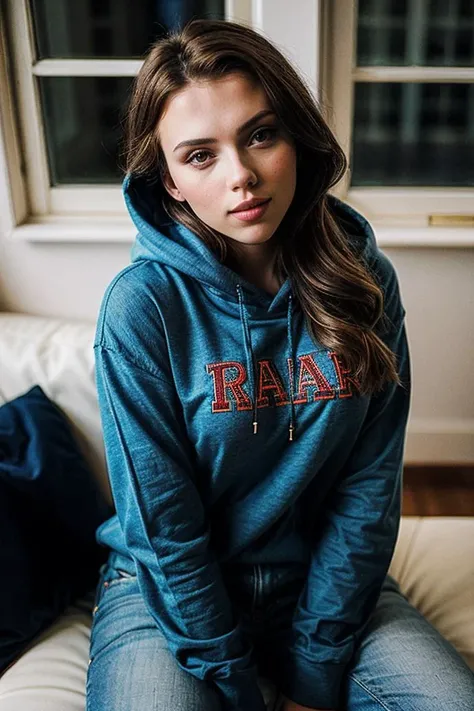 photo of beautiful (Sc4rJ0h4nss0n_HM-145:0.99), brunette, a woman, perfect hair, smiling, (modern photo), wearing hoodie and jeans, portrait, 85mm, (analog, cinematic, film grain:1.3), (Martian Weather Station, Outpost studying Martian atmosphere, weather patterns, and climate change.), detailed eyes, professional pose, painted lips, (epiCPhoto), (looking at viewer:1.1), (cinematic shot:1.3), (natural lighting, lit from above), <lora:add_detail:0.5>