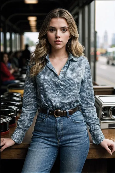 photo of beautiful (Sc4rJ0h4nss0n_HM-145:0.99), a woman, perfect hair, serious look, (modern photo), wearing long sleeve button-up shirt and jeans, portrait, 85mm, (analog, cinematic, film grain:1.3), (Interstellar Trading Post, Marketplace with exotic goods, alien species, and diverse intergalactic cultures.), detailed eyes, professional pose, painted lips, (epiCPhoto), (looking at viewer:1.1), (cinematic shot:1.3), (natural lighting, lit from above), <lora:add_detail:0.5>